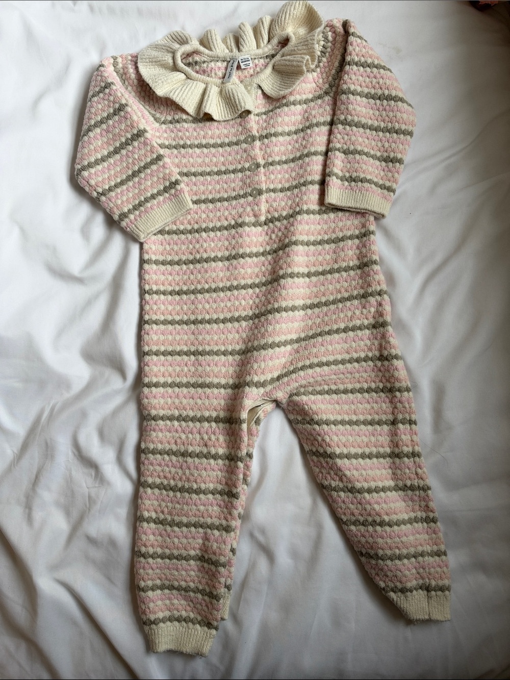 Janie and Jack Cream, Pink & Light Green Striped Knit Romper with Ruffle Collar